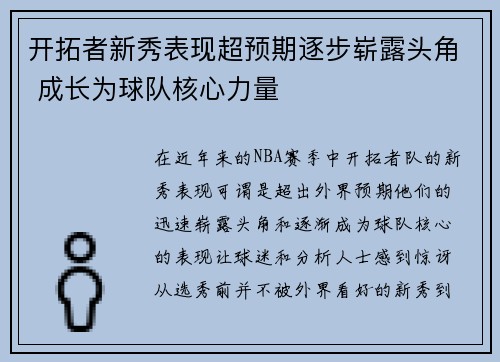 开拓者新秀表现超预期逐步崭露头角 成长为球队核心力量 开拓者新秀表现超预期逐步崭露头角 成长为球队核心力量