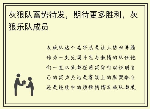 灰狼队蓄势待发，期待更多胜利，灰狼乐队成员