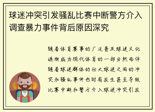 球迷冲突引发骚乱比赛中断警方介入调查暴力事件背后原因深究 球迷冲突引发骚乱比赛中断警方介入调查暴力事件背后原因深究